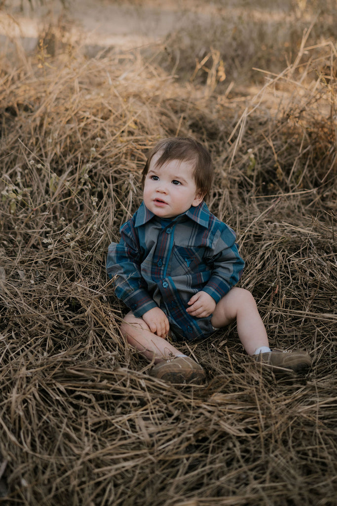 "Jamie Baby" Checked Storm Blue Long Sleeve Romper-Little Windmill Clothing Co