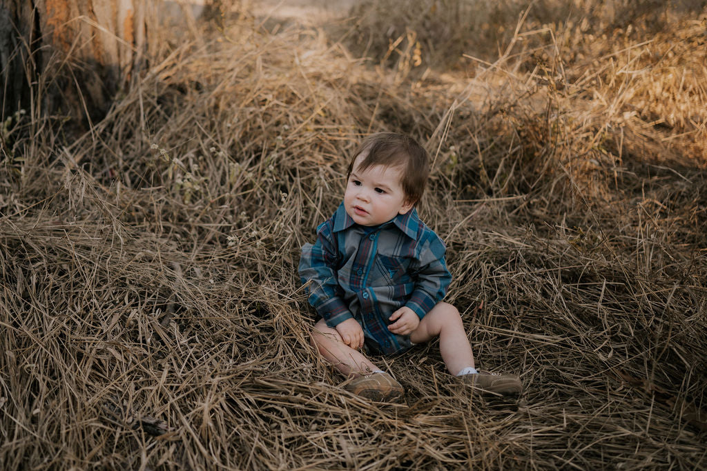 "Jamie Baby" Checked Storm Blue Long Sleeve Romper-Little Windmill Clothing Co