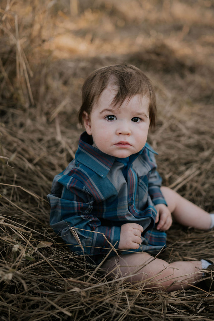 "Jamie Baby" Checked Storm Blue Long Sleeve Romper-Little Windmill Clothing Co