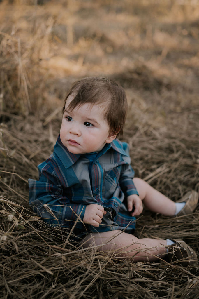 "Jamie Baby" Checked Storm Blue Long Sleeve Romper-Little Windmill Clothing Co