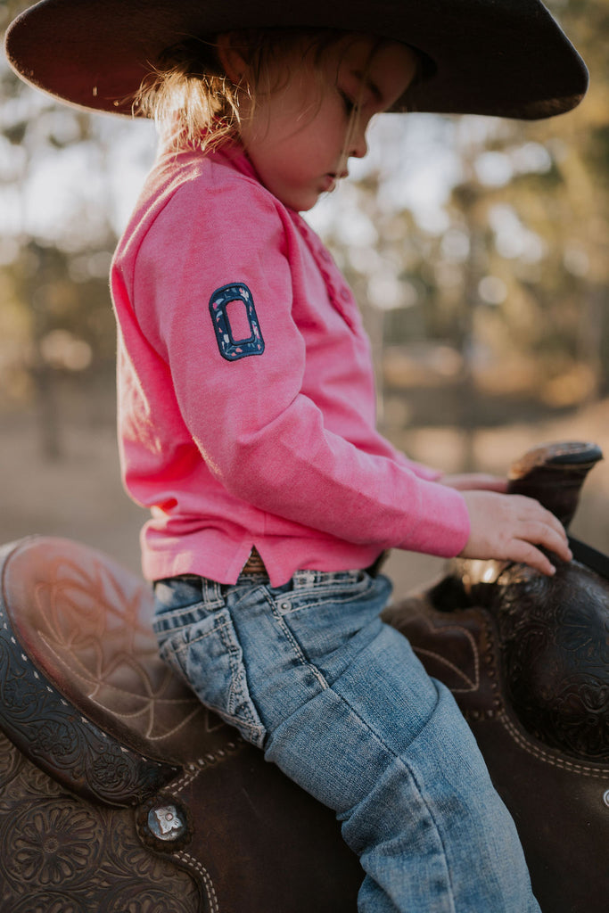 "Hallie Baby" Raspberry Pink Contrast Long Sleeve Polo-Little Windmill Clothing Co