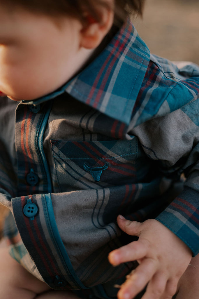 "Jamie Baby" Checked Storm Blue Long Sleeve Romper-Little Windmill Clothing Co