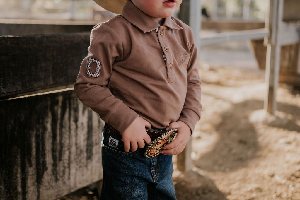 "Barker" Dessert Brown Contrast Long Sleeve Polo-Little Windmill Clothing Co