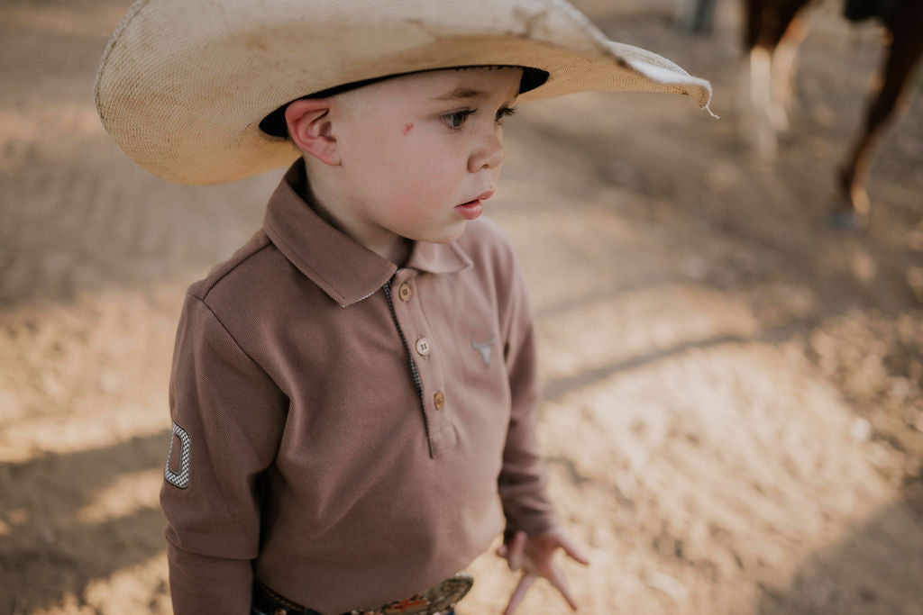 "Barker" Dessert Brown Contrast Long Sleeve Polo-Little Windmill Clothing Co