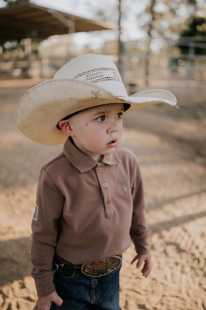 "Barker" Dessert Brown Contrast Long Sleeve Polo-Little Windmill Clothing Co