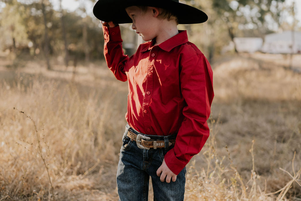 All Rounder red long sleeve shirt cuff detail showing classic shirt finishing