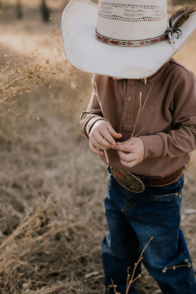 "Barker" Dessert Brown Contrast Long Sleeve Polo-Little Windmill Clothing Co