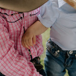 Stella pink check western yoke long sleeve shirt flatlay showing full pink check western shirt design