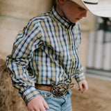 Clyde navy glow checked long sleeve shirt front view showing rich navy glow check men's shirt