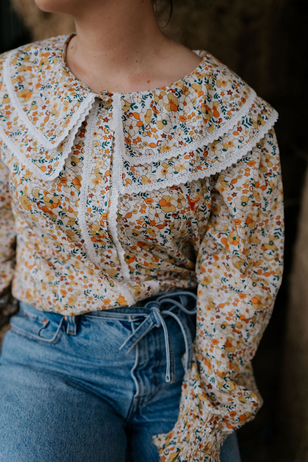 Britt yellow floral women's shirt worn showing cheerful yellow floral country casual style