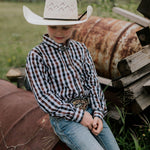 Tuff dust gingham long sleeve shirt collar detail showing neat collar and button placket