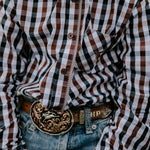 Tuff dust gingham long sleeve shirt side view showing relaxed fit and dusty gingham colourway
