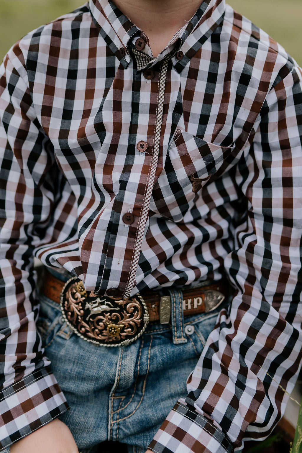 Tuff dust gingham long sleeve shirt side view showing relaxed fit and dusty gingham colourway