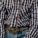 Tuff dust gingham long sleeve shirt side view showing relaxed fit and dusty gingham colourway