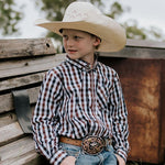 Tuff dust gingham long sleeve shirt back view showing relaxed men's fit in dusty gingham