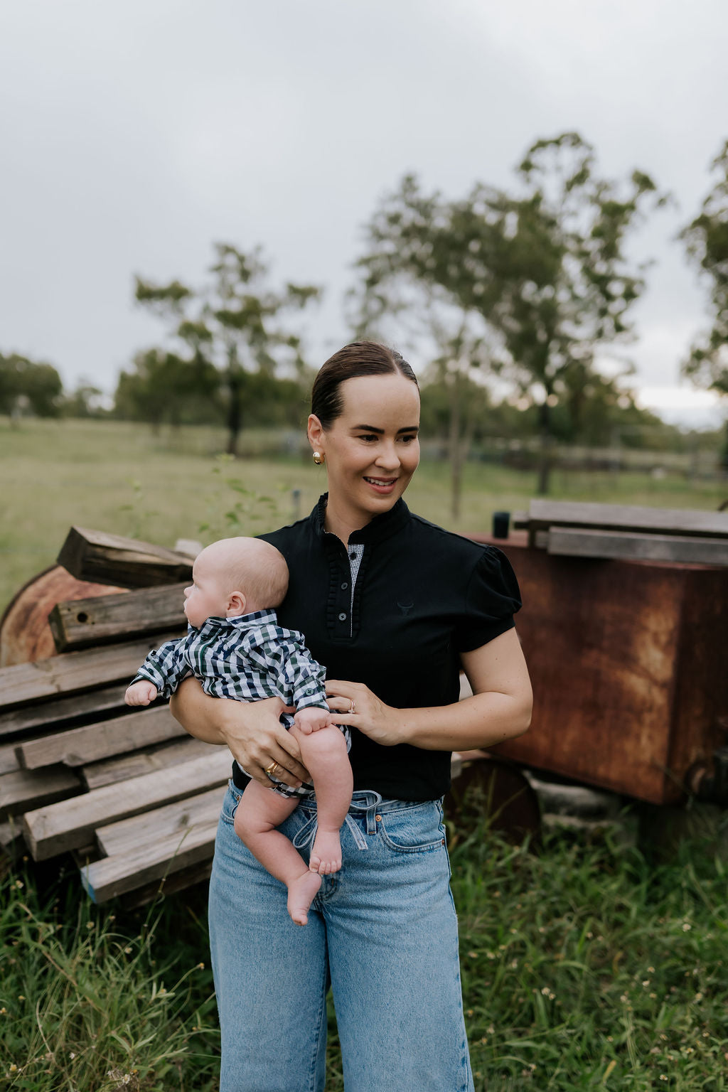 NURSING Kellie ruffle women's black gingham contrast polo worn showing stylish nursing-friendly country look