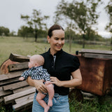 NURSING Kellie ruffle women's black gingham contrast polo worn showing stylish nursing-friendly country look