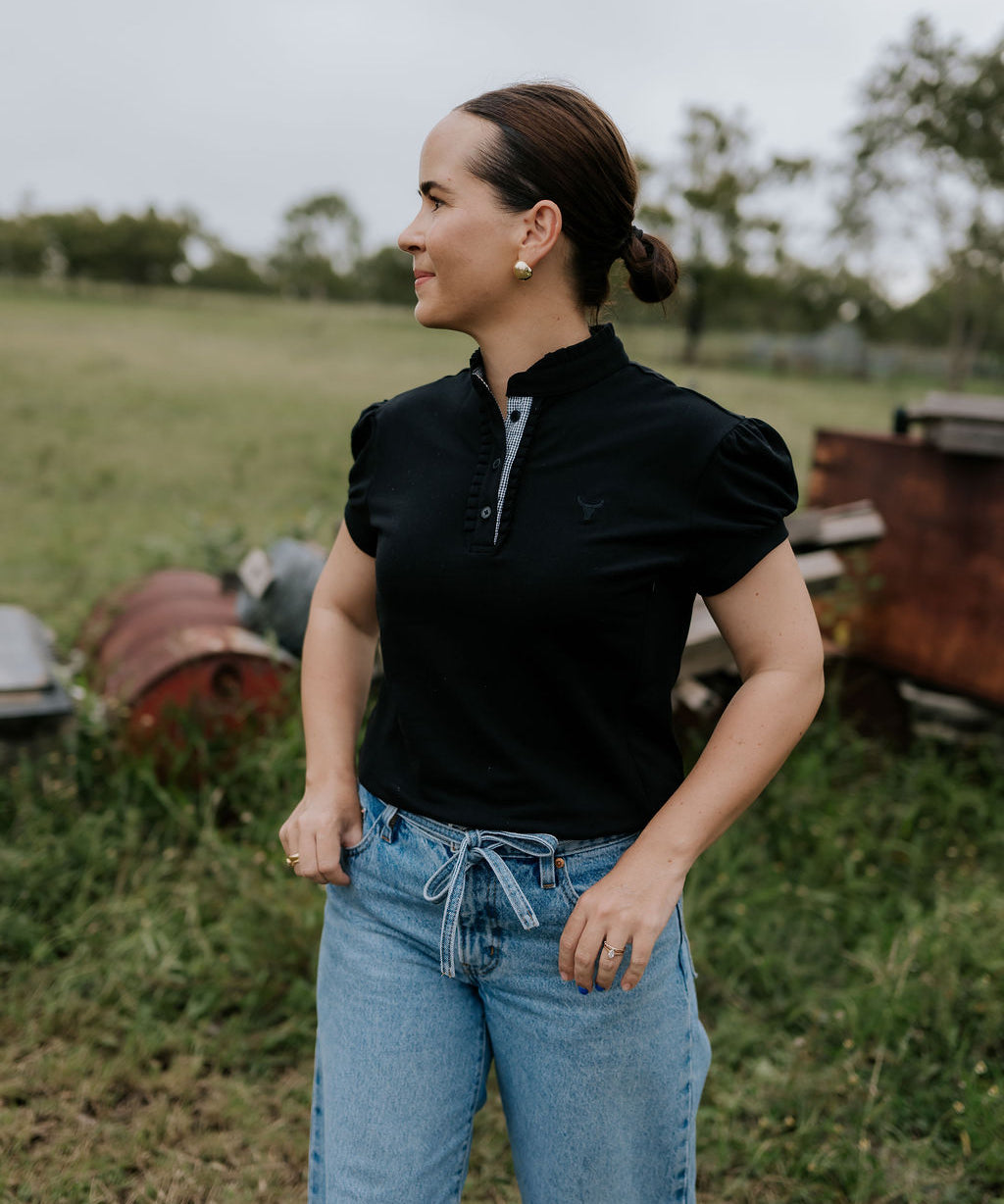 NURSING Kellie ruffle women's black gingham contrast polo back view showing relaxed women's fit