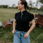 NURSING Kellie ruffle women's black gingham contrast polo back view showing relaxed women's fit