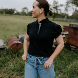 NURSING Kellie ruffle women's black gingham contrast polo back view showing relaxed women's fit