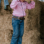 Stella pink check western yoke long sleeve shirt fabric close-up showing quality pink check cotton