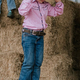 Stella pink check western yoke long sleeve shirt fabric close-up showing quality pink check cotton