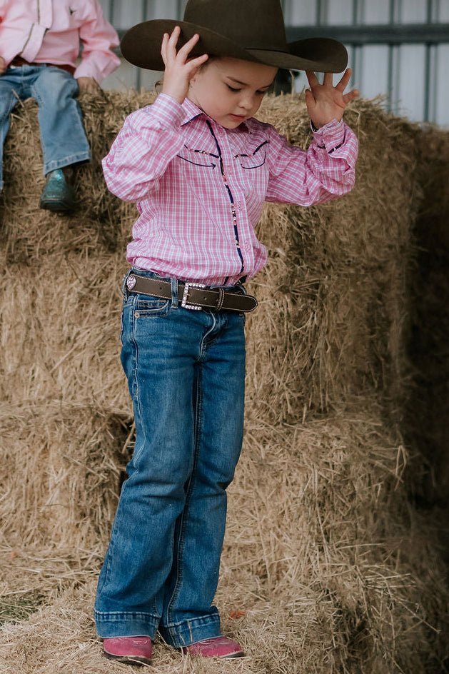 Stella pink check western yoke long sleeve shirt fabric close-up showing quality pink check cotton