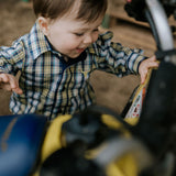 Dale navy glow check long sleeve romper front view showing rich navy glow check romper for toddlers