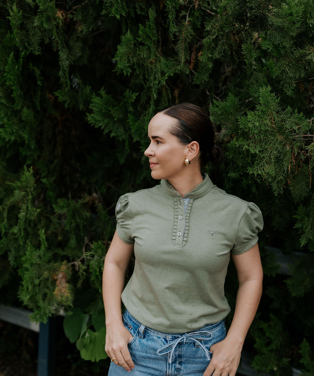 Kate khaki ruffled collar women's polo shirt front view showing elegant khaki polo with ruffle collar