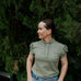 Kate khaki ruffled collar women's polo shirt front view showing elegant khaki polo with ruffle collar