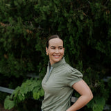 Kate khaki ruffled collar women's polo shirt back view showing relaxed women's fit in khaki