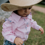 Lara multi stripe pink ruffle long sleeve romper fabric close-up showing quality pink stripe cotton