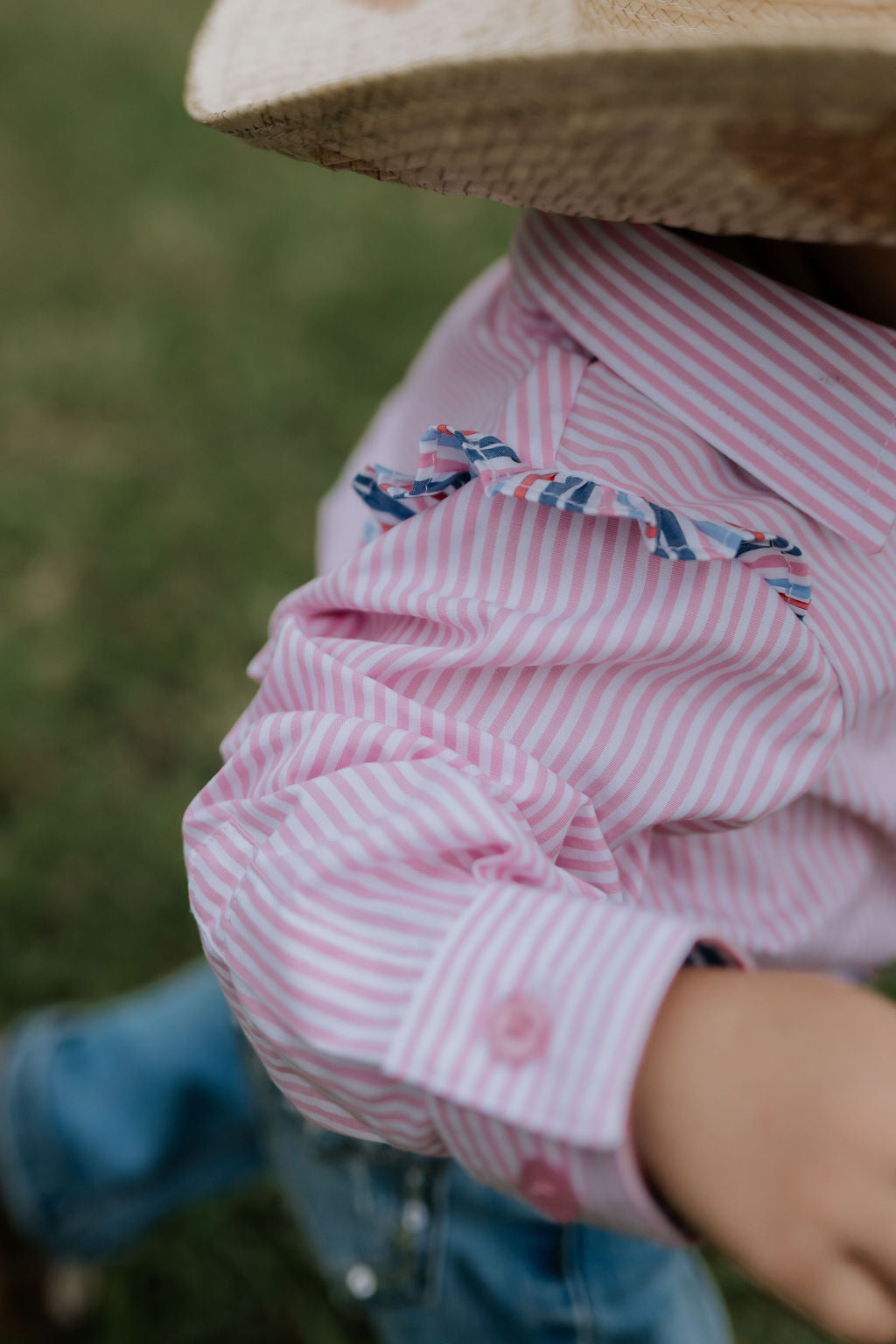 Lara multi stripe pink ruffle long sleeve romper collar detail showing neat neckline finish