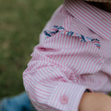 Lara multi stripe pink ruffle long sleeve romper collar detail showing neat neckline finish
