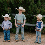 Free Range bison graphic kids tee flatlay showing full bison graphic design