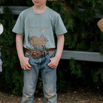 Free Range bison graphic kids tee collar detail showing quality tee construction