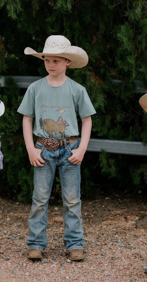 Free Range bison graphic kids tee collar detail showing quality tee construction