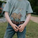 Free Range bison graphic kids tee worn by child showing fun Free Range bison graphic country style