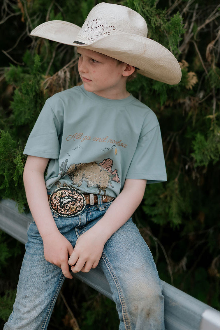 Free Range bison graphic kids tee front view showing bold Free Range bison graphic on quality kids tee