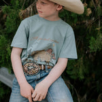 Free Range bison graphic kids tee front view showing bold Free Range bison graphic on quality kids tee