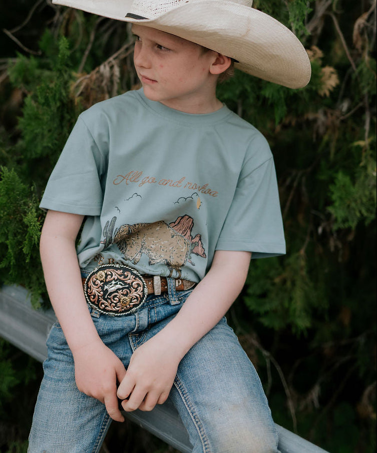 Free Range bison graphic kids tee front view showing bold Free Range bison graphic on quality kids tee