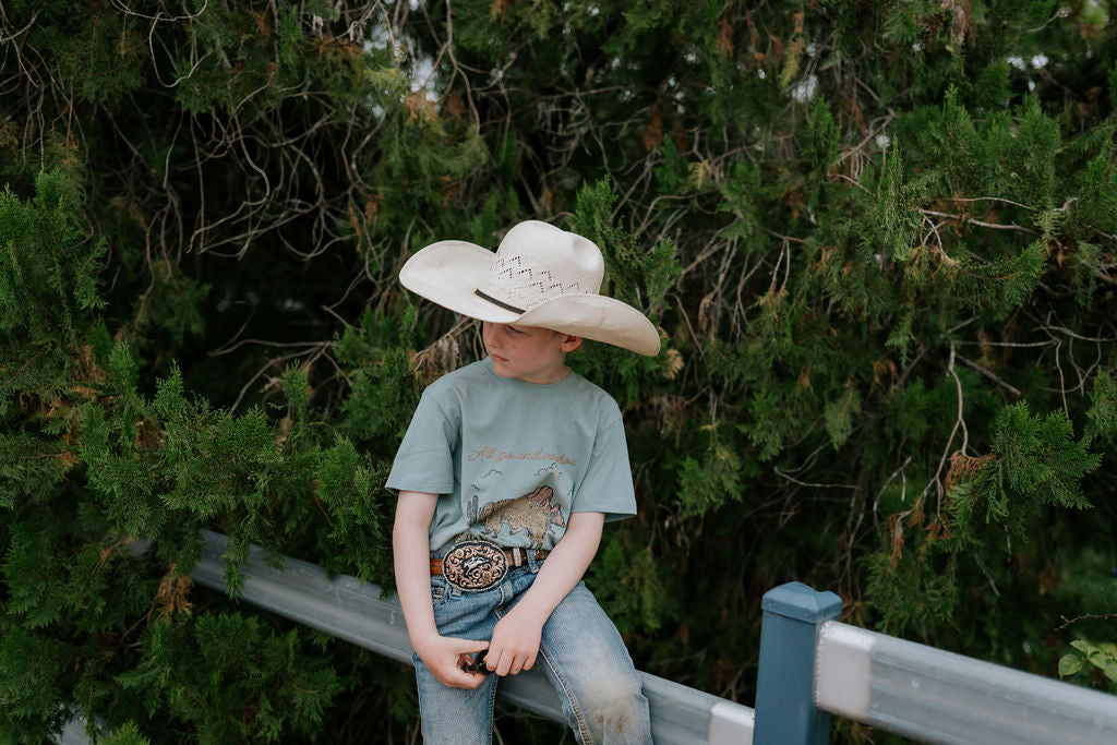 Free Range bison graphic kids tee print close-up showing detailed bold bison Free Range graphic