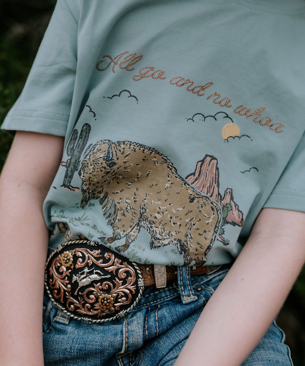 Free Range bison graphic kids tee back view showing relaxed fit and country outback style