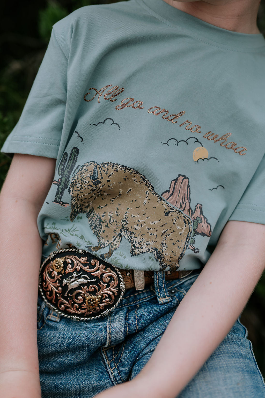 Free Range bison graphic kids tee back view showing relaxed fit and country outback style