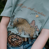 Free Range bison graphic kids tee back view showing relaxed fit and country outback style