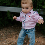 Lara multi stripe pink ruffle long sleeve romper front view showing sweet pink stripe romper with ruffle for toddlers