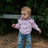 Lara multi stripe pink ruffle long sleeve romper back view showing snap closure and pink stripe ruffle