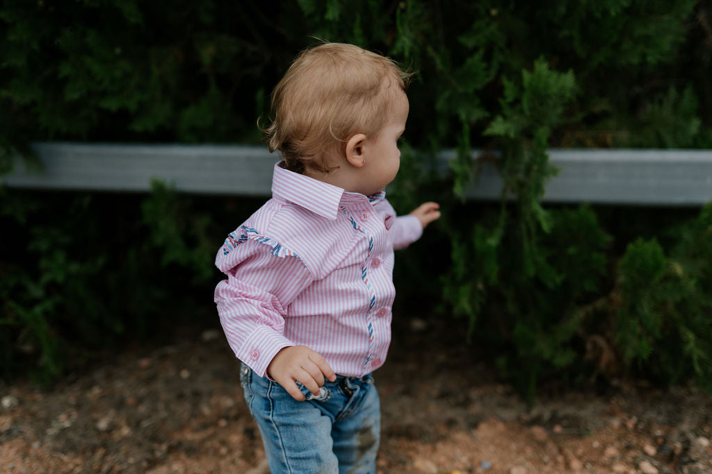 "Lara" Multi Stripe Pink Ruffle Long Sleeve Romper-Little Windmill Clothing Co