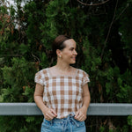 Dusty gingham women's blouse flatlay showing full blouse design in dusty gingham check