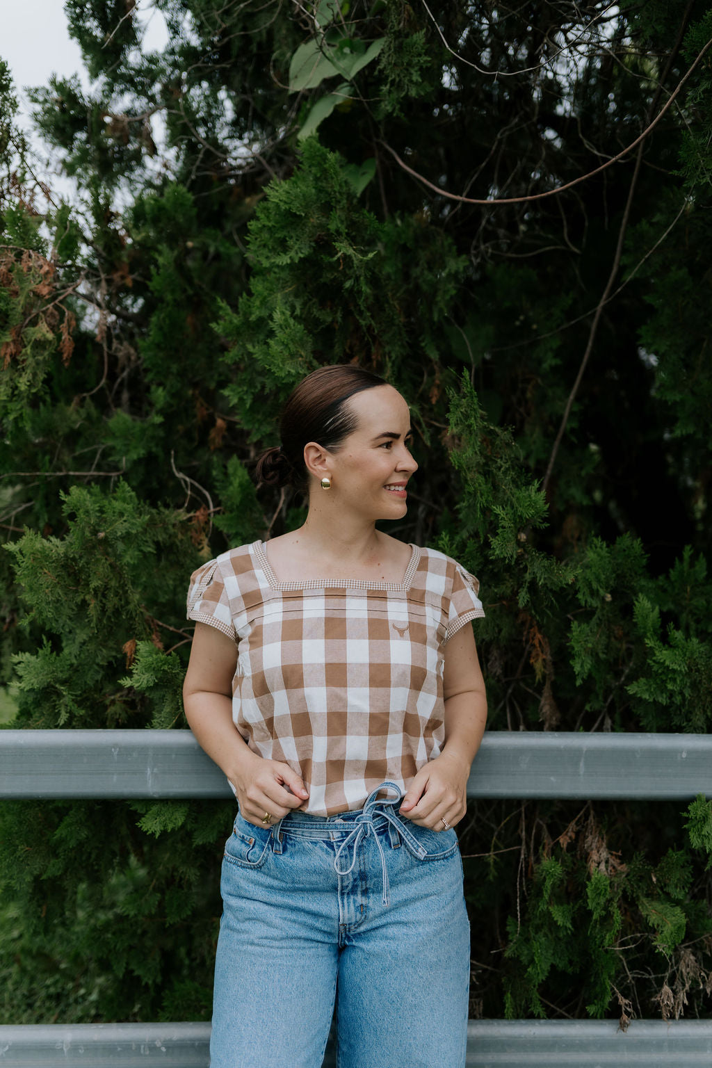 Dusty gingham women's blouse flatlay showing full blouse design in dusty gingham check